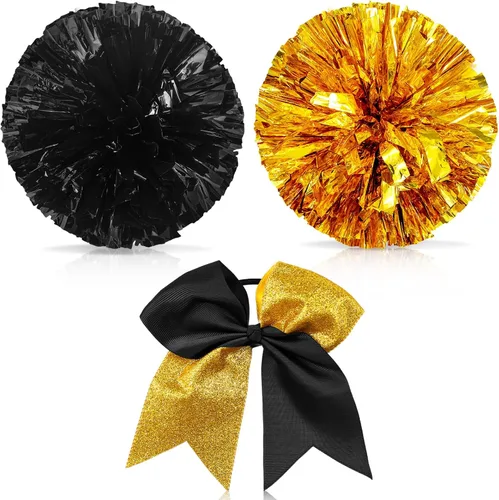 Miniatura 13 de Set de 3 pompones de animadora de 30 cm y gran sujetador de moño de cola de caballo para niña, grandes pompones metálicos de animadora para el Negro