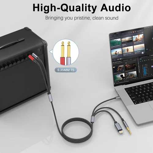 Miniatura 5 de USB C 0.138 in y Lightning a Dual 0.250 in 1/4" TS Mono Stereo Y-Cable, 3 en 1 Dual 1/4 pulgadas Cable de audio compatible