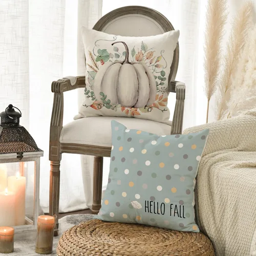 Miniatura 5 de AVOIN colorlife Juego de 4 fundas de almohada de Hello Fall Hello Pumpkin de 16 x 16 pulgadas, cosecha de Acción de Gracias de otoño, decoración