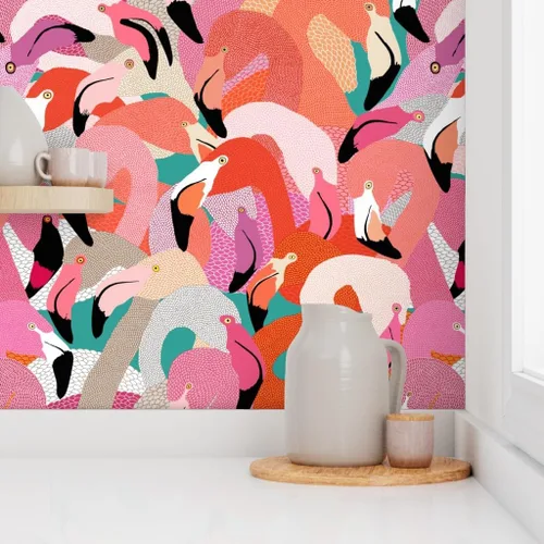 Miniatura 8 de Spoonflower Despegar y pegar muestra de papel tapiz - Naranja Rosa Grande Flamenco Pájaro Plumas Tropical Florida Coastal Collage Ilustración Casa