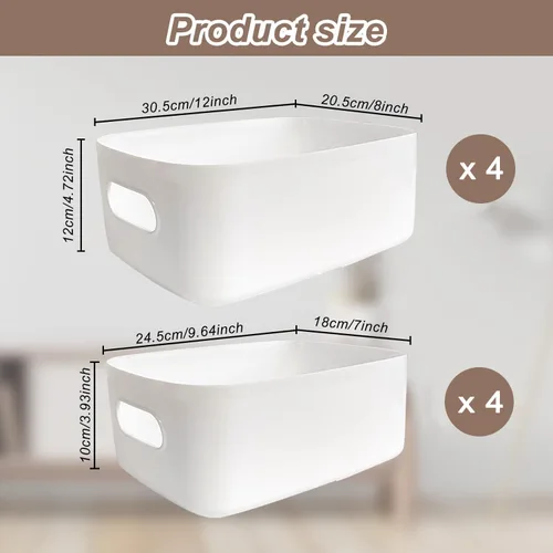 Miniatura 2 de Paquete de 8 contenedores y cestas de almacenamiento de plástico, contenedores de almacenamiento blancos para cocina, baño, oficina, organizador