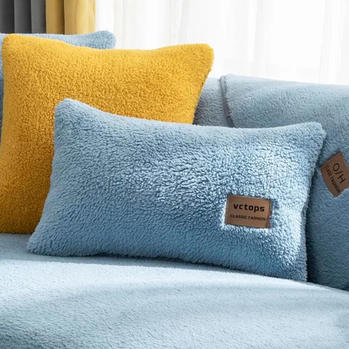 Miniatura 19 de vctops Paquete de 2 fundas de cojín decorativo de forro polar Sherpa de doble cara para sofá, cama y sillón, fundas de cojín de felpa suave y Azul