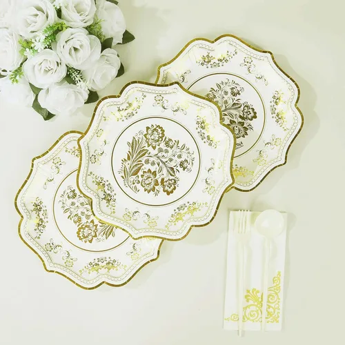 Miniatura 8 de Efavormart - Paquete de 25 platos llanos de papel francés de 10 pulgadas, color blanco y dorado, 300 GSM, resistentes con borde festoneado