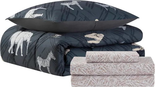 Miniatura 3 de Juego de ropa de cama para niños, cama en una bolsa para niños y niñas pequeños, juego de sábanas y edredón impresos, individual, safari