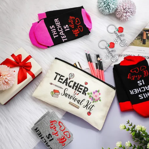 Miniatura 3 de Sureio Juego de 9 piezas de regalo de agradecimiento a los profesores, bolsas de supervivencia de flores, calcetines divertidos y llaveros