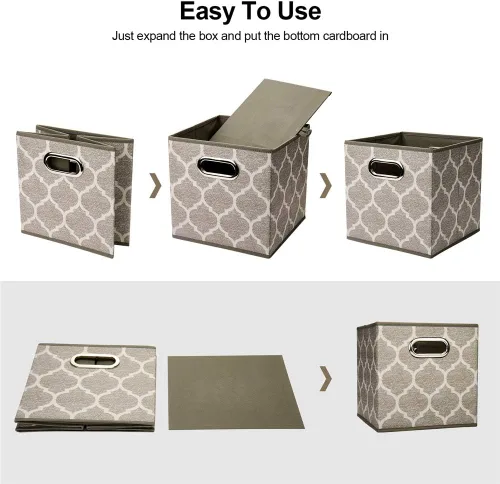 Miniatura 4 de Cubos de Almacenamiento Decorativos 10.5 x 10.5 x 11 Pulgadas Canastas Cúbicas Marrones Patrón de Celosía Cubos de Almacenamiento de Tela Crema Gris
