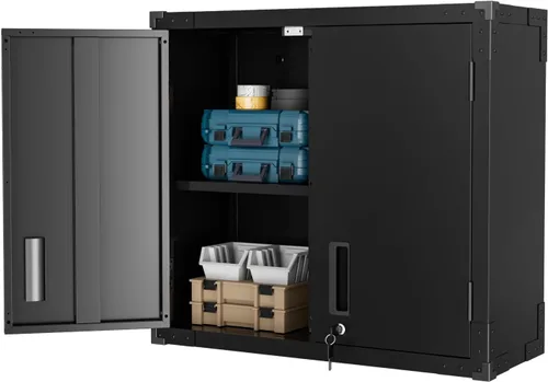 VINGLI Armario de Pared para Garaje con Puertas con Cerradura y Estante Ajustable, Gabinete de Pared de Metal, Gabinete de Almacenamiento Superior
