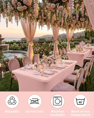Miniatura 6 de Fixwal Baby Pink Stretch Table Cloth Rectangle 2 Pack 4Ft, Spandex Fitted Table Covers Washable for Party, Trade Show, Banquet, Wedding, Buffet