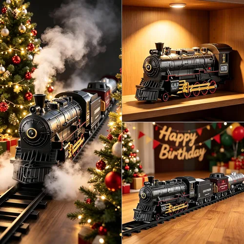 Miniatura 7 de Juego de tren eléctrico con control remoto de Navidad, locomotora de vapor, vagón de carga y pistas, juguetes de tren recargables para niños con 3