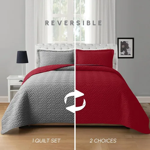 Miniatura 2 de Elegant Comfort Juego de colcha reversible acolchada de 3 piezas con fundas de almohada, exquisitas costuras majestuosas para todas las estaciones