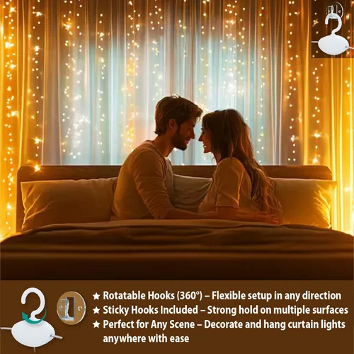 Miniatura 4 de Luz de cortina blanca cálida para dormitorio, 300 LED, 3m x 3m, luz de cadena de hadas para ventana con 16 ganchos, 8 modelos, control remoto