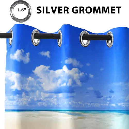 Miniatura 6 de Renaiss Cortinas opacas con diseño de mar tropical, nublado, cielo azul y verde azulado, estrella de mar transparente en playa arenosa, sala