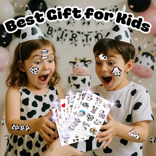 Miniatura 7 de 96 tatuajes temporales precortados de vaca para niños, suministros para fiestas de cumpleaños de animales de granja, decoraciones y recuerdos