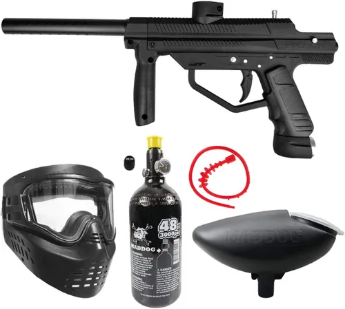 Maddog JT Stealth Paintball Gun Marker and Accessory Starter Packages [HPA] | Marker, 48ci/3000psi Compressed Air Tank, Mask, Hopper, Pods, Harness