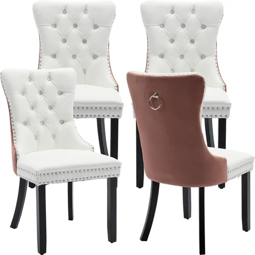 Miniatura 114 de ODUSE-DAILY - Juego de 4 sillas de cocina y comedor de terciopelo beige, tapizadas en tela, respaldo alto con alas, anilla metálica, estructura