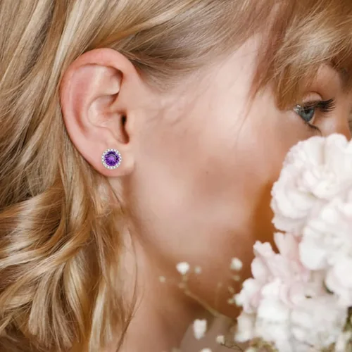 Miniatura 2 de Aretes de piedra natal natural de 0.8 quilates para mujeres y niñas, aretes de plata de ley 925 con halo de corte redondo amatista rubí, topacio