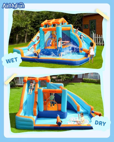 Miniatura 9 de AirMyFun Tobogán acuático inflable para patio trasero de niños, Mega parque acuático 9 en 1 con toboganes de carreras duales, pista deslizante larga