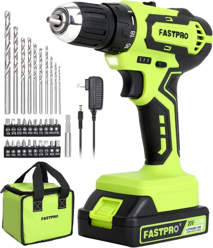FASTPRO Juego de taladro inalámbrico máximo de 20 V, kit de destornillador de taladro eléctrico de 3/8 pulgadas con batería de 1.5 Ah, cargador y