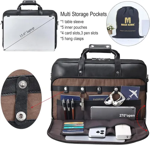 Miniatura 4 de Masa Kawa Maletín de cuero para hombre de 17/15.6" con bandolera para laptop, bolsa de hombro con mensajero para negocios, viaje, trabajo, estuche