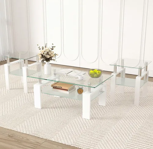 Miniatura 9 de Mesa auxiliar pequeña de cristal, mesa auxiliar blanca de 2 niveles con patas de metal, mesa auxiliar cuadrada, elegante y resistente para espacios