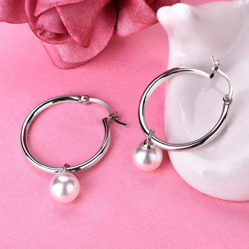 Miniatura 5 de JO WISDOM Pendientes de aro de plata de ley 925 con perlas simuladas de Danlge (blanconegro)