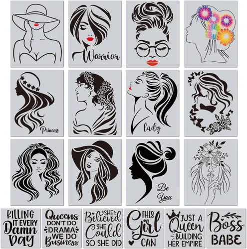 18 plantillas temáticas para mujer, diseño floral de cara femenina y cita inspiradora para niña, para el hogar, decoración de pared, pintura sobre