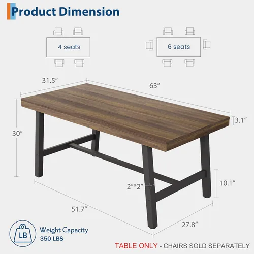 Miniatura 2 de GarveeHome Mesa de comedor industrial para 4-6 personas, mesa de cocina de madera de 63 pulgadas de largo con marco de metal resistente y acabado