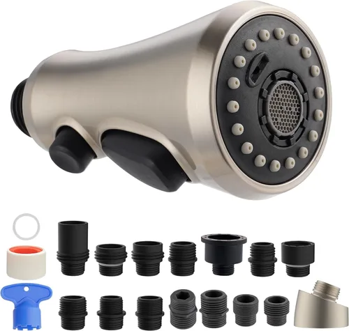 Miniatura 19 de Hibbent Cabezal pulverizador extraíble, boquilla rociadora de 3 funciones certificada por NSF/ANSI/CAN 61 y CUPC, 15 adaptadores, repuesto de Bronce