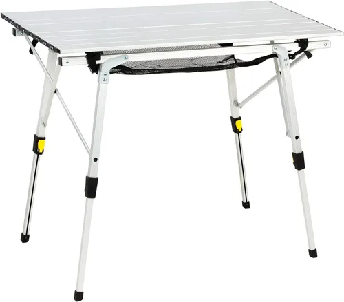 Portal Mesa de Camping Plegable de Aluminio para Exteriores, Mesa de Picnic Portátil con Altura Ajustable, Top de Malla Enrollable, Plata Plateado