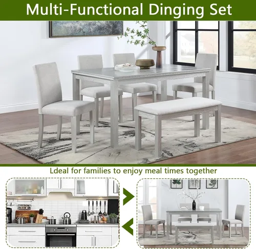Miniatura 3 de LUMISOL - Juego de mesa de comedor de madera maciza con 4 sillas tapizadas y banco para cocina, comedor, sala de estar, gris plateado