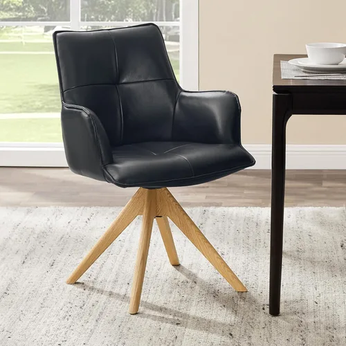 Miniatura 18 de Zouron Silla de escritorio giratoria sin ruedas, silla de oficina tapizada con patas de madera de roble, sillón moderno para espacios pequeños