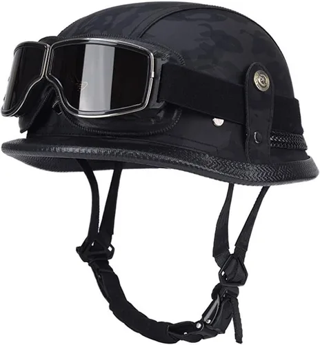 Casco abierto de motocicleta eléctrica retro, medio casco de verano estilo alemán, casco de cuero vintage, casco de calavera de cuero vintage,
