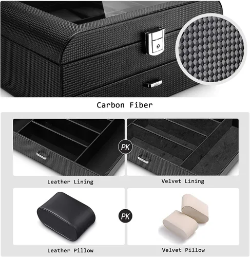 Miniatura 6 de Homde Caja de reloj con diseño de arco de fibra de carbono, organizador de joyas de lujo con cajón, parte superior de cristal y cerradura