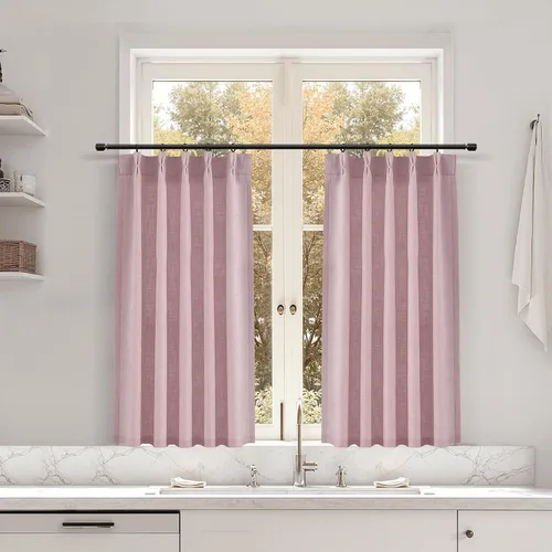 Miniatura 85 de Juego de 2 paneles de cortinas de ventana de cocina beige de 24 pulgadas de largo, con textura de lino, plisadas, filtrantes de luz, semi pequeñas