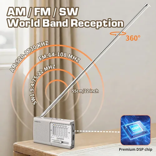 Miniatura 6 de XHDATA D219 Radios Portátiles AM FM con Fuerte Recepción Diseño Compacto, Pequeña Radio Transistor Operada con Pilas (AA) Altavoz de Sonido Claro