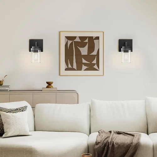 Miniatura 7 de Juego de 2 apliques de pared negros mate, con pantalla de cristal transparente, lámpara de montaje en pared para dormitorio, espejo y sala de estar