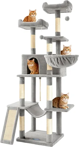 Miniatura 8 de Árbol para gatos, torre para gatos de 81 pulgadas de alto con poste rascador, condominio de felpa para gatos de varios niveles con 2 perchas, 2 Gris