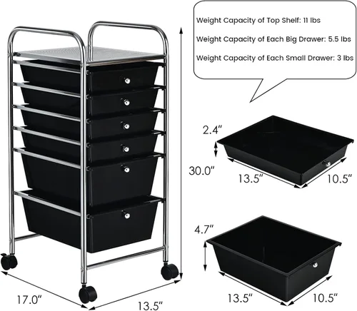 Miniatura 3 de Happygrill Carrito organizador de 6 cajones, carrito de almacenamiento móvil con cajones extraíbles y ruedas con cerradura, carrito de Negro