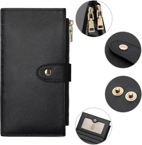 Miniatura 4 de GOIACII - Carteras delgadas para mujer con bloqueo RFID, tarjetero con 2 bolsillos con cremallera, monedero fino para mujer, negro (A01 Black)
