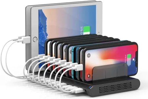 Alxum Estación de carga USB de 10 puertos, estación de carga móvil de 60 W con soporte de cargador rápido USB multipuerto para teléfono móvil, Negro