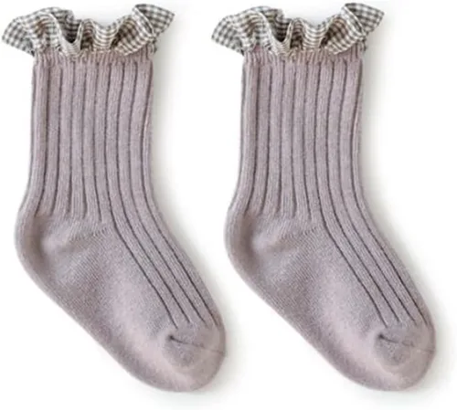 Miniatura 4 de TIBE PINCESS Calcetines de tobillo vintage con volantes para bebés y niñas, calcetines de encaje acanalados a cuadros para vestir