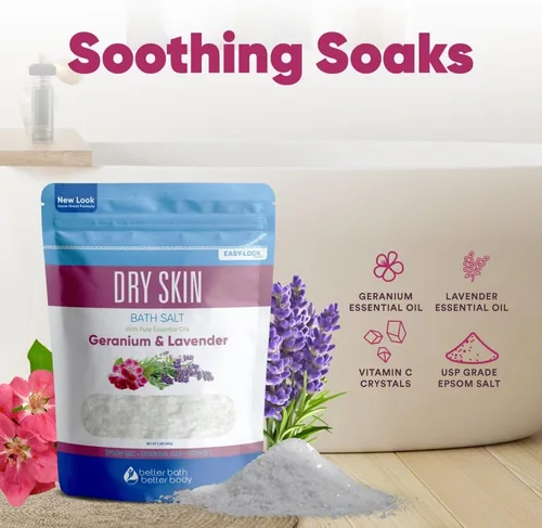 Miniatura 7 de Sal de baño para piel seca, 32 onzas, sal de Epsom con aceites esenciales de geranio natural, lavanda, ylang ylang y limón, además de vitamina C