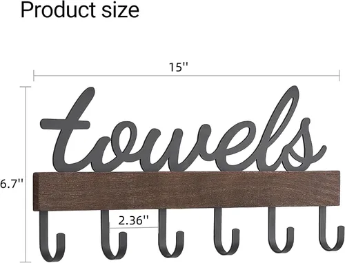 Miniatura 5 de Dahey Toallero pequeño con 6 ganchos, toallero para montaje en pared, organizador de baño, rústico, granja, decoración del hogar, ganchos