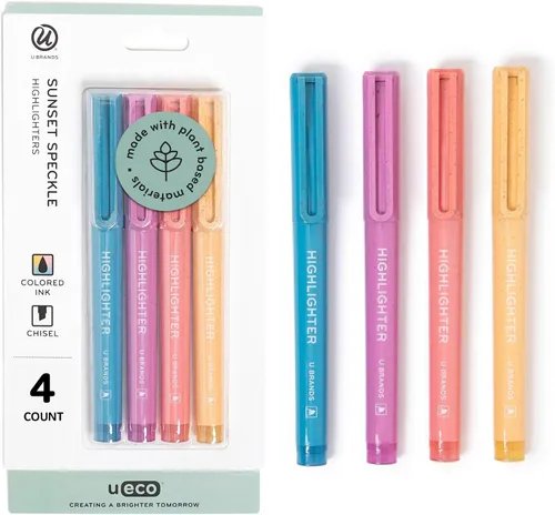 U Brands U-Eco - Resaltadores multicolor, 4 unidades, punta de cincel, colores surtidos de moteado de atardecer, ideales para organizar y colorear