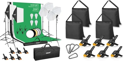 EMART Sistema de soporte de fondo de 8.5 x 10 pies, kit de iluminación profesional para fotografía con bombilla LED de 50 W, reflector, telón de