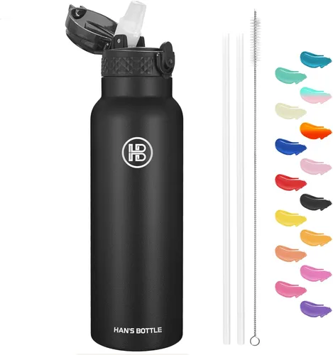 Miniatura 14 de Han's Bottle - Botella de agua para niños con tapa con pajilla - Vaso reutilizable de acero inoxidable aislado para niñas, niños, taza térmica, 17