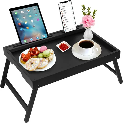 Bandeja para la cama con asas y patas plegables, bandeja de desayuno de bambú con ranura para medios, uso como plato, escritorio para laptop, Negro