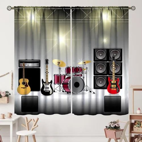 Miniatura 13 de Cortinas de notas musicales, rústicas, mágicas, notas musicales, arte retro, piano y violín, cortina con bolsillo para barra para dormitorio, sala