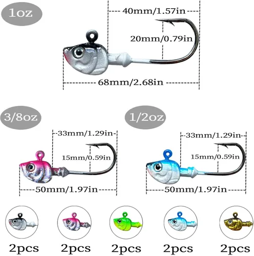 Miniatura 5 de Swimbait Jig Heads, 10 unidades de cabezas de plantilla de pesca, ganchos de agua salada, cabeza de plantilla de Swimbait, cabezas de pesca de 3/8oz