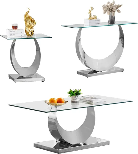 Miniatura 10 de SSLine Mesa auxiliar de cristal de lujo para sala de estar, mesa auxiliar moderna dorada con base de pedestal de acero inoxidable en forma de flor